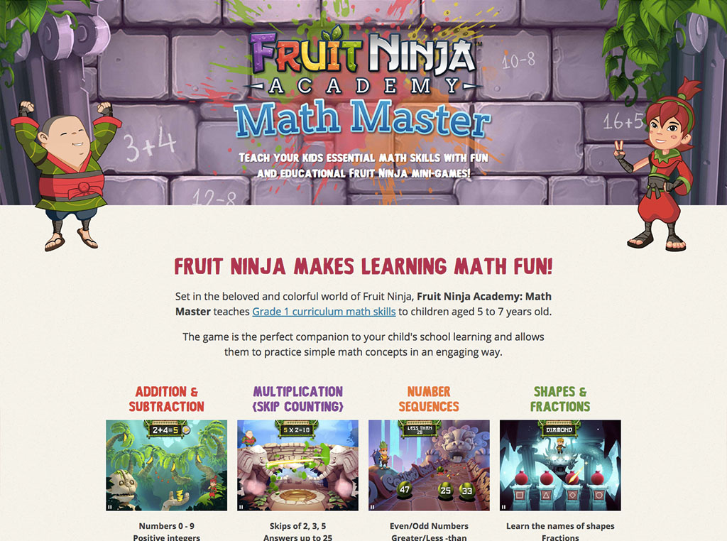 Screenshot of the Fruit Ninja Academy: Math Master webpage