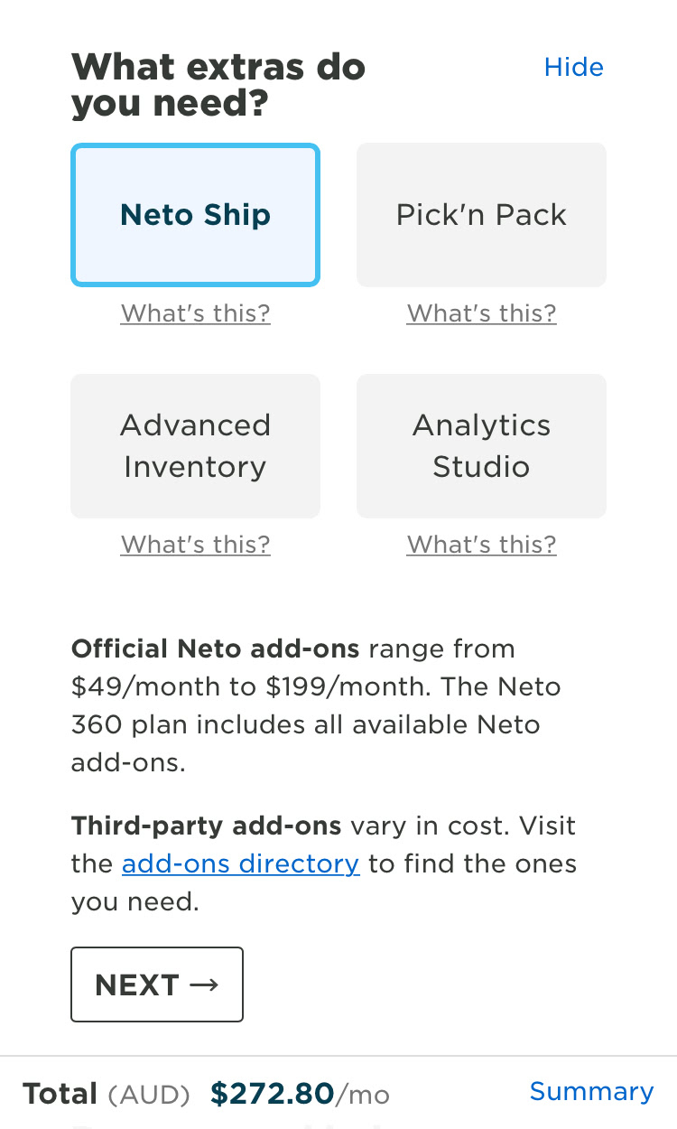 Screenshot of a Neto pricing calculator on mobile 1