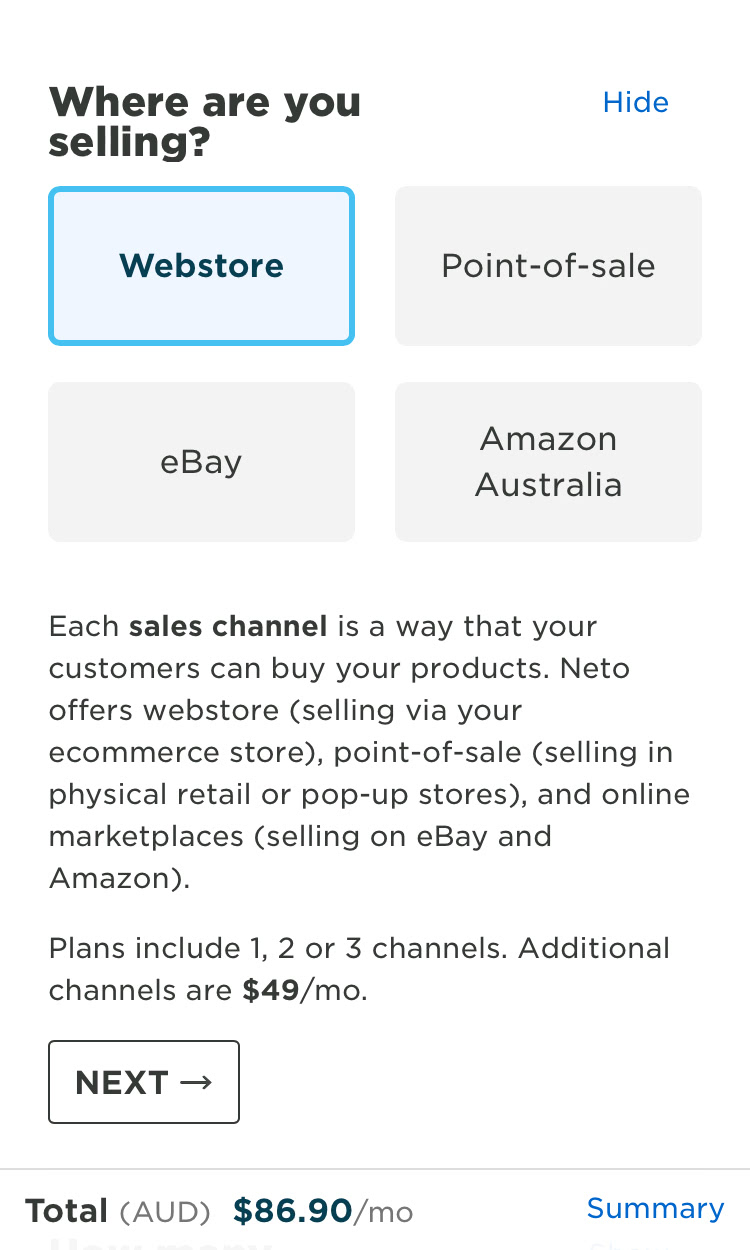 Screenshot of a Neto pricing calculator on mobile 2