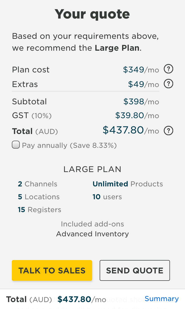 Screenshot of a Neto pricing calculator on mobile 3