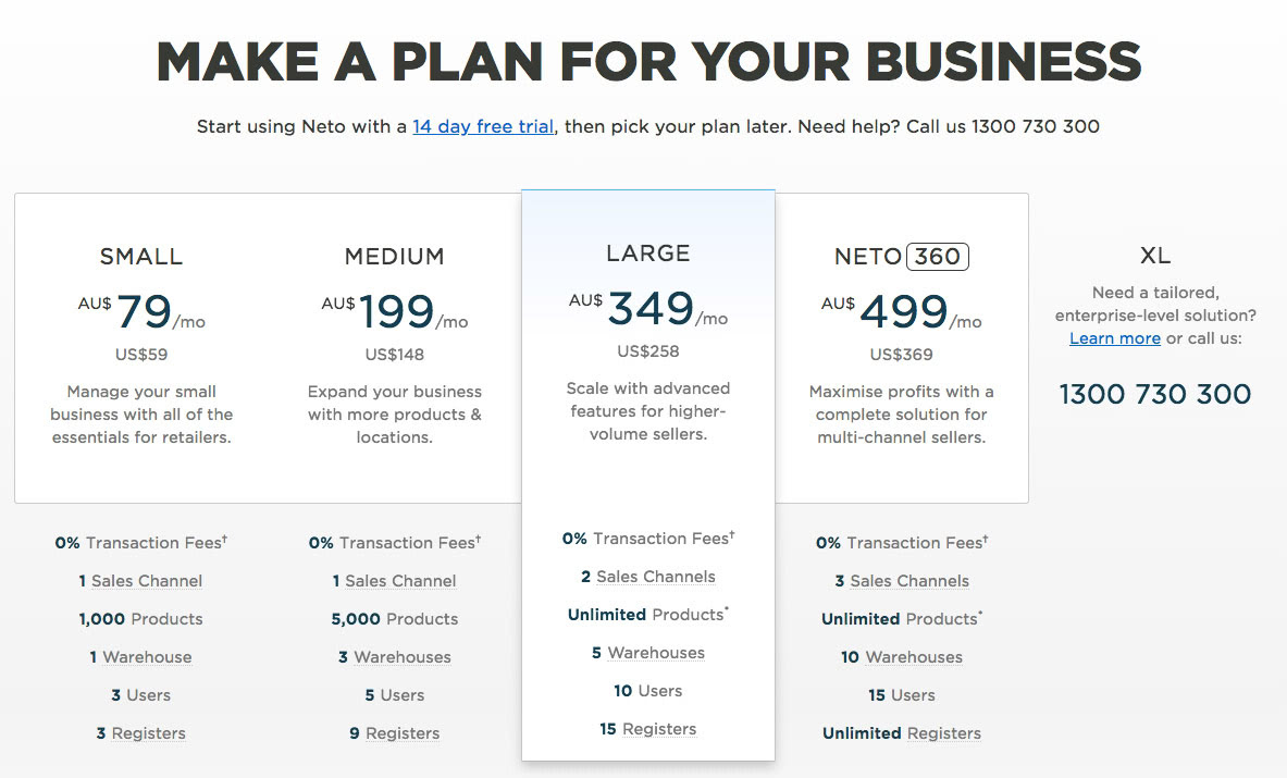 Screenshot of the Neto pricing plans